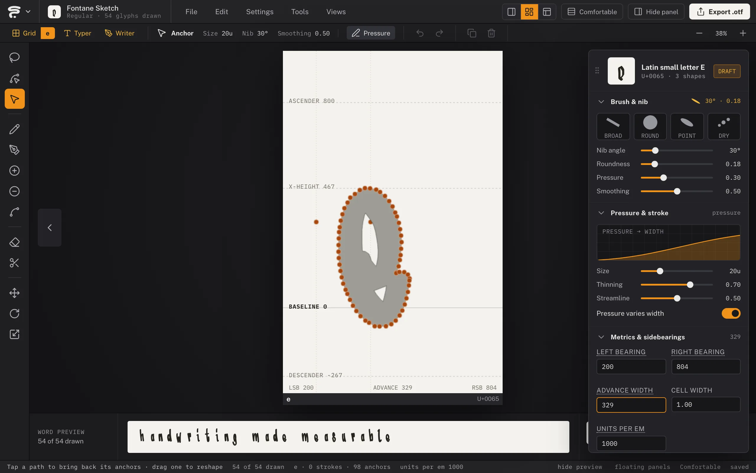 The whole editor: tool rail down the left, the alphabet grid in the middle, the settings panel on the right, and the word preview along the bottom.