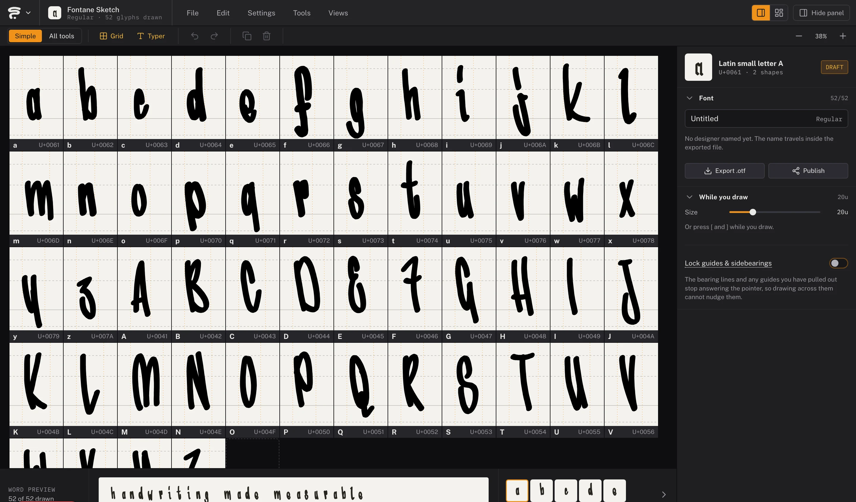 The Grid, full of hand-drawn letters, with the settings panel open on the right.