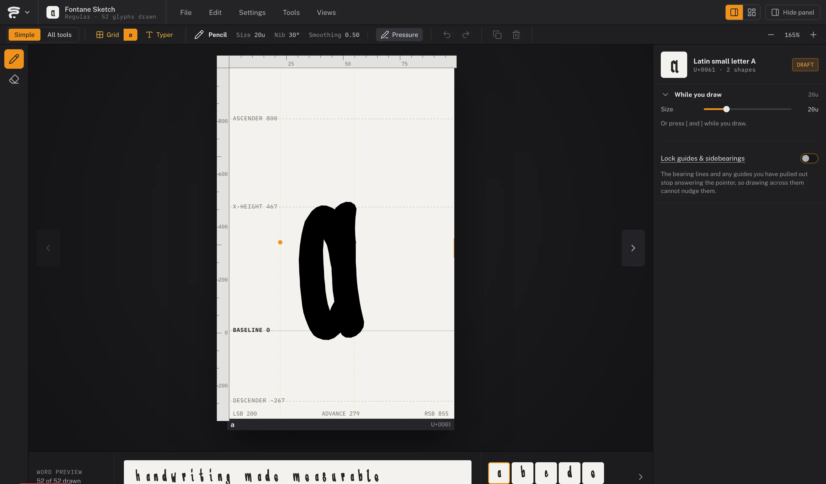 A single letter open in the Glyph View, with ascender, x-height, baseline and descender guides and sidebearing numbers.